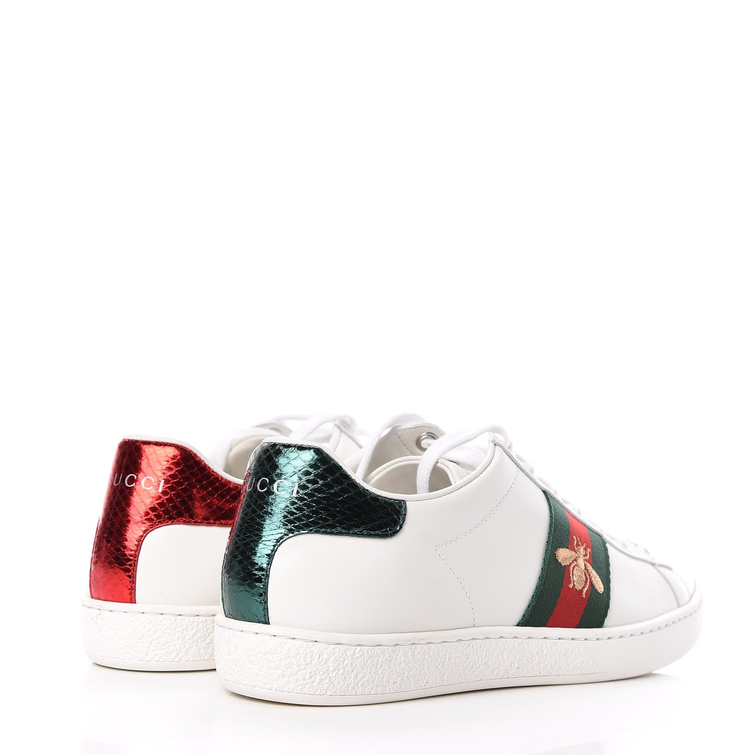 Gucci Calfskin Ayers Bee Embroidered Womens Ace Sneakers 37.5 White Green 4 of 10