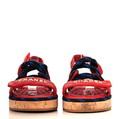 Chanel Cord Lambskin Quilted Logo Sandals 37 Red Blue 2 of 10