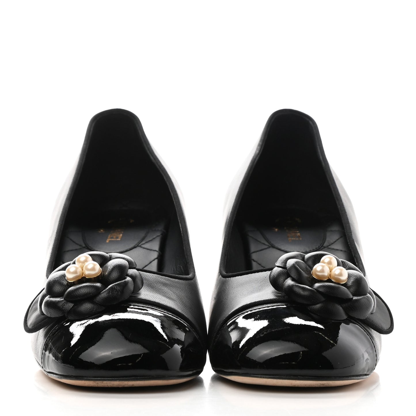 Lambskin Patent Calfskin Pearl Camellia Cap Toe Pumps 38.5 Black