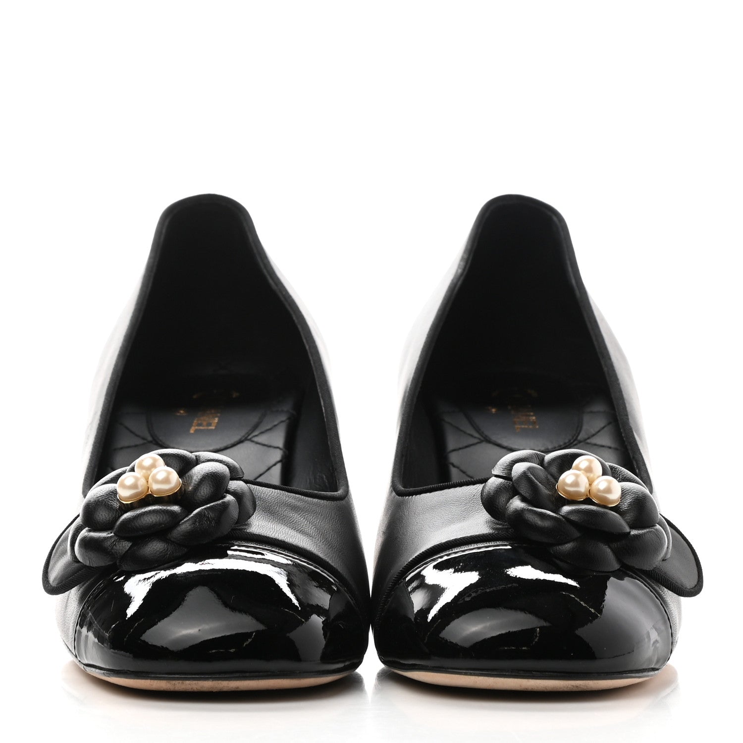 Chanel Lambskin Patent Calfskin Pearl Camellia Cap Toe Pumps 38.5 Black 2 of 16