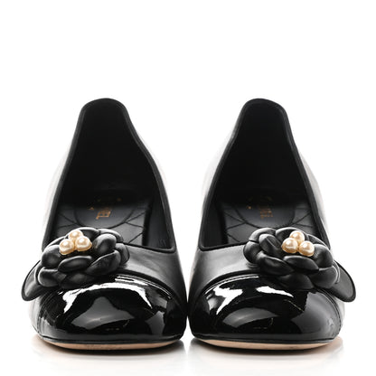 Chanel Lambskin Patent Calfskin Pearl Camellia Cap Toe Pumps 38.5 Black 2 of 16