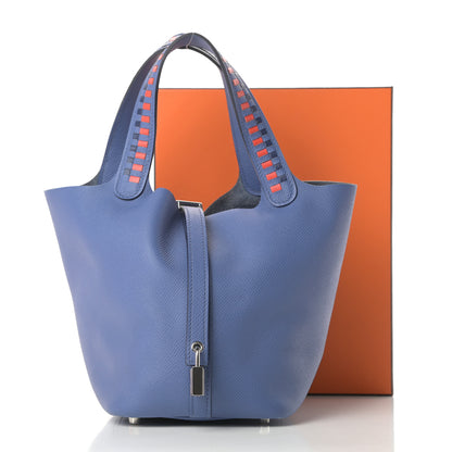 Hermes Epsom Tressage De Cuir Picotin Lock 18 PM Bleu Brighton Capucine Bleu Saphir 17 of 17