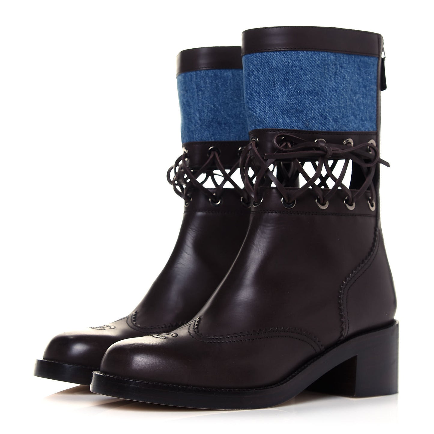 Denim Calfskin Lace Up Short Boots 41 Light Blue Brown