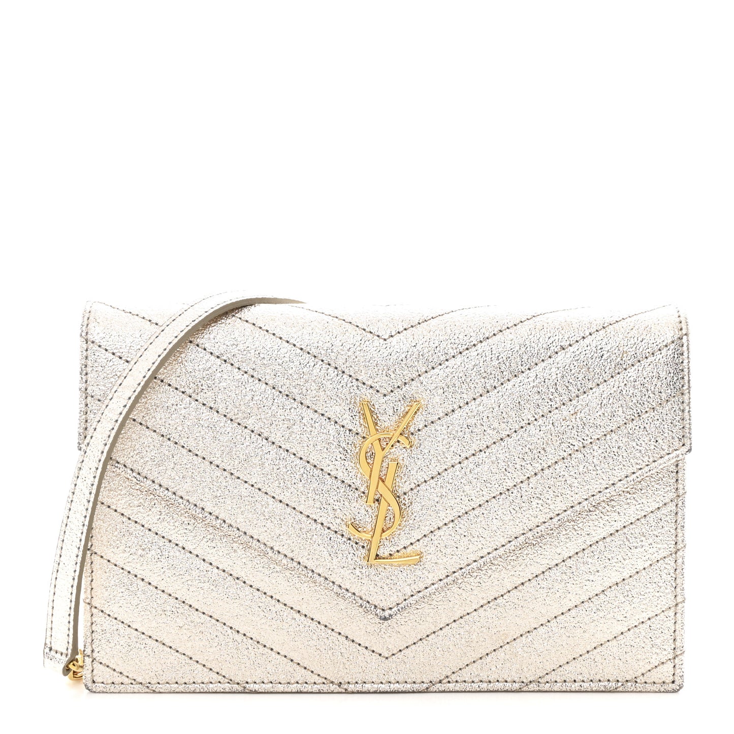 Metallic Crackled Calfskin Matelasse Chevron Monogram Envelope Chain Wallet Gold
