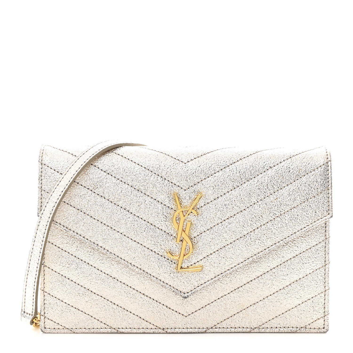Saint Laurent Metallic Crackled Calfskin Matelasse Chevron Monogram Envelope Chain Wallet Gold 1 of 13