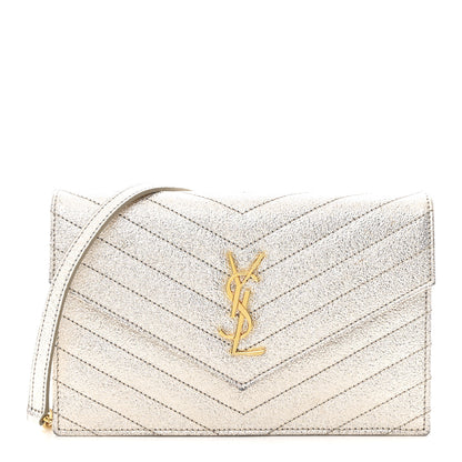 Saint Laurent Metallic Crackled Calfskin Matelasse Chevron Monogram Envelope Chain Wallet Gold 1 of 13