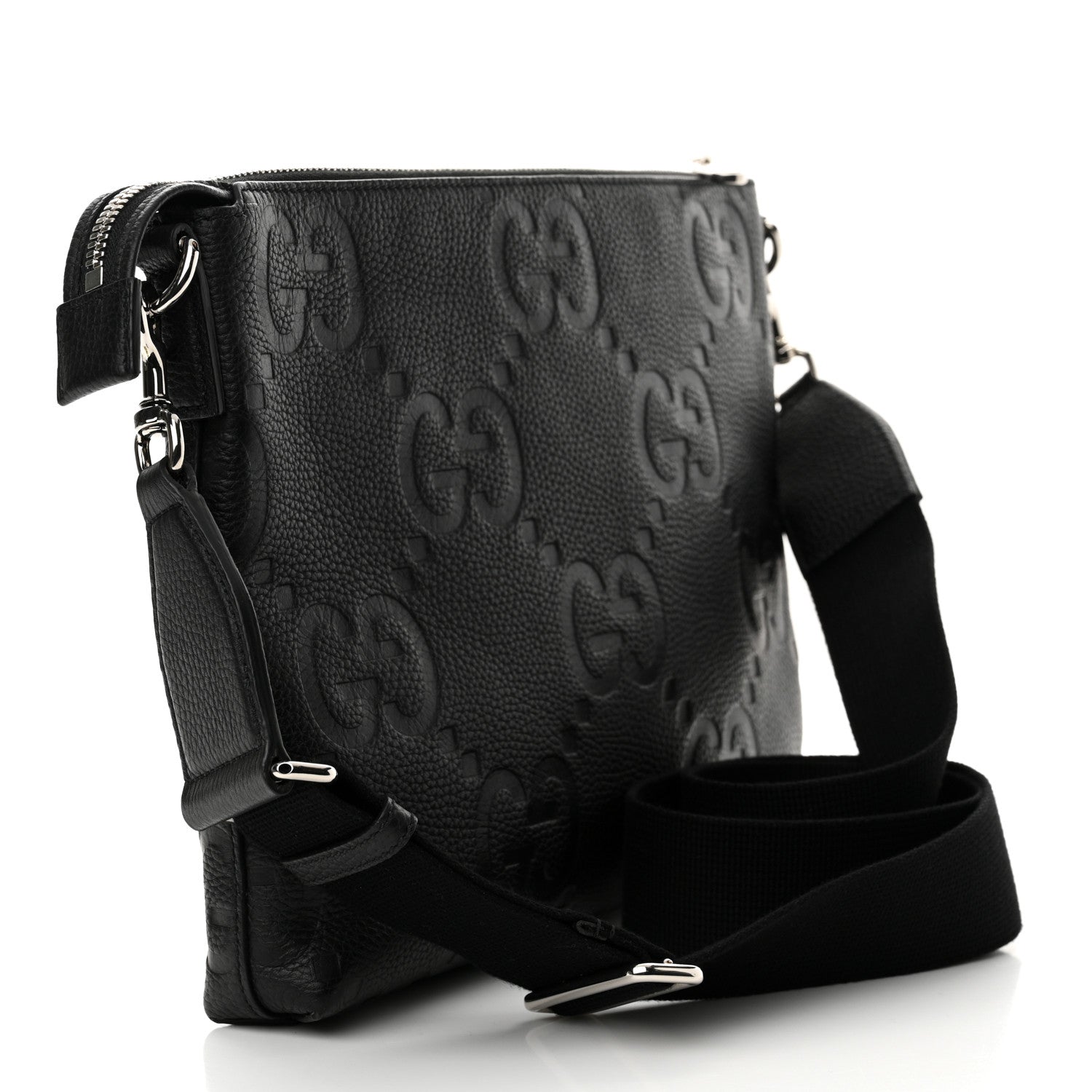 Gucci Piuma Calfskin Jumbo GG Embossed Medium Wristlet Messenger Bag Black 3 of 10