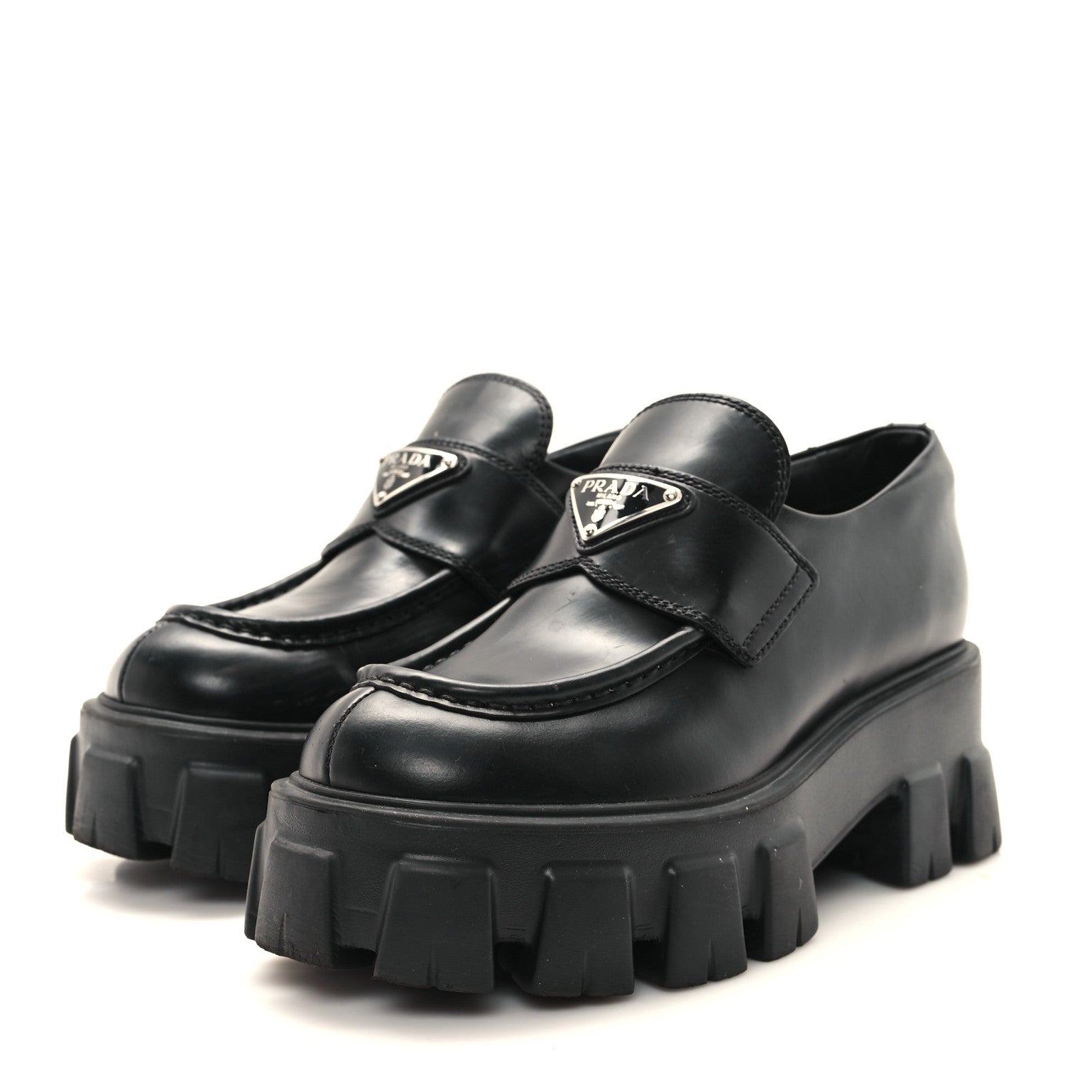 Prada Spazzolato Rois Metal Triangle Logo Monolith 55mm Loafers 35 Black 4 of 9