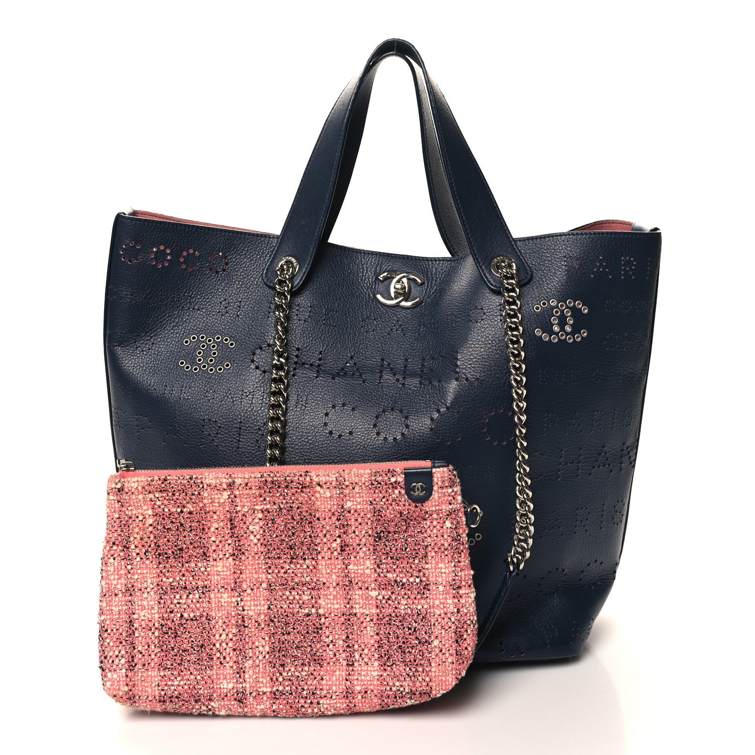 Chanel Calfskin Tweed Small Logo Eyelets Shopping Tote Navy Blue 3 of 12