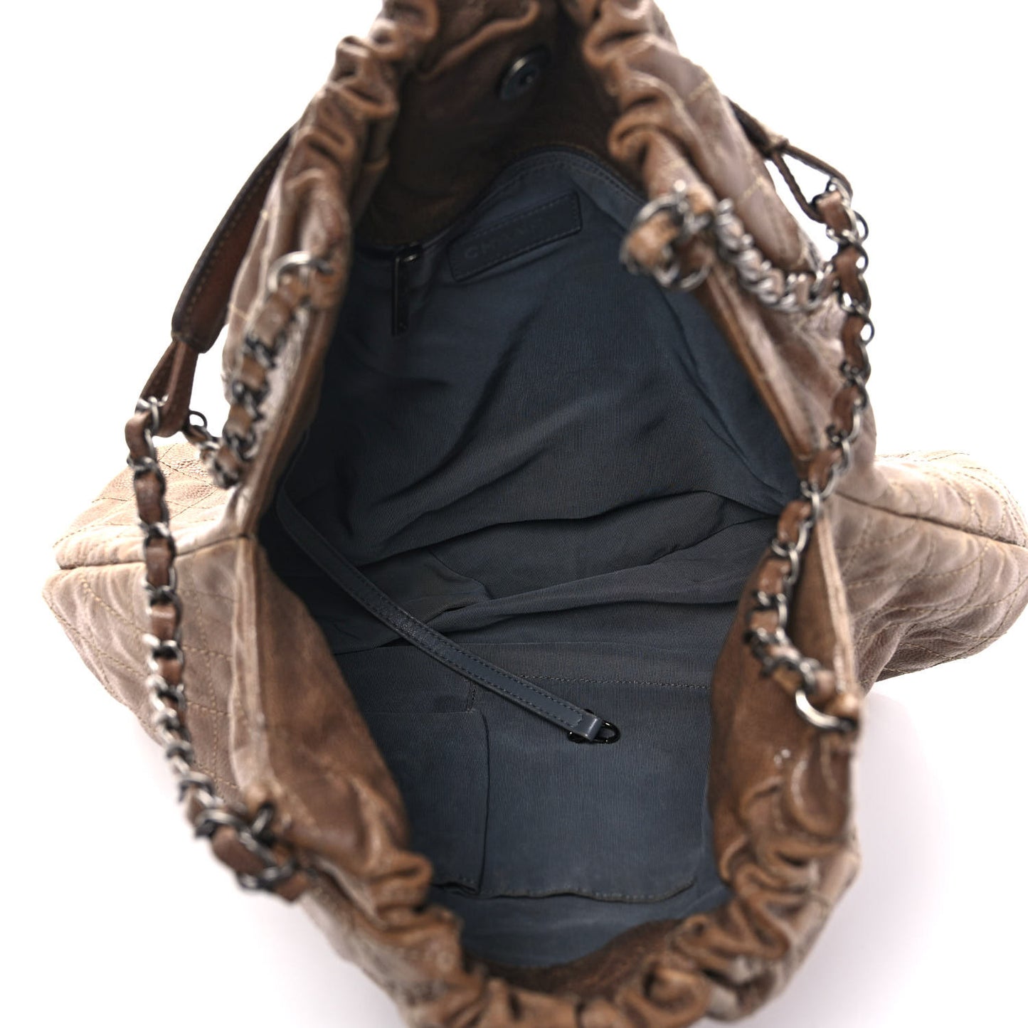 Distressed Glazed Caviar Quilted Large Elastic Tote Brown