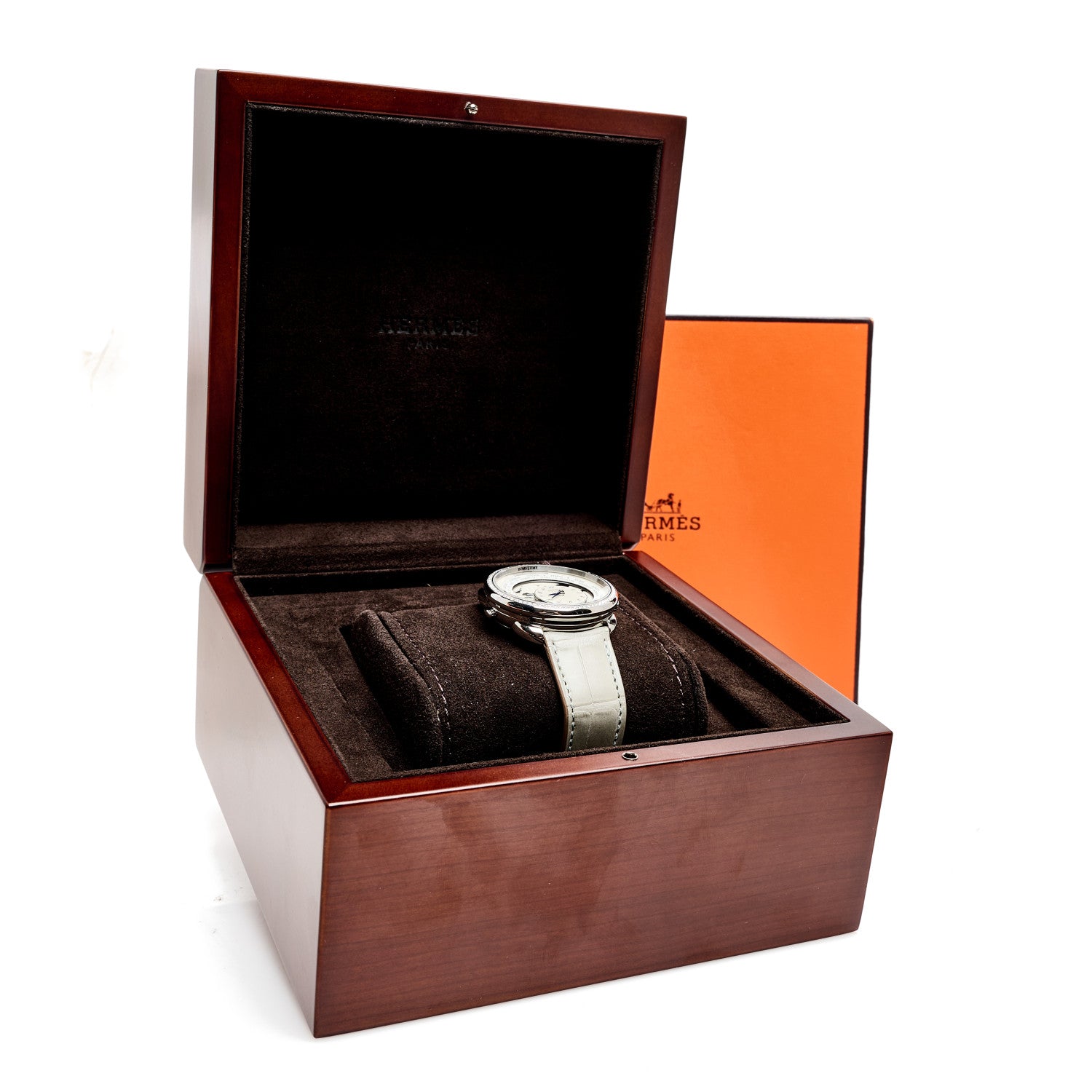 Hermes Stainless Steel Alligator Diamond Bezel Mother of Pearl 38mm Arceau Le Temps Voyageur Automatic Watch Gris Perle 5 of 5