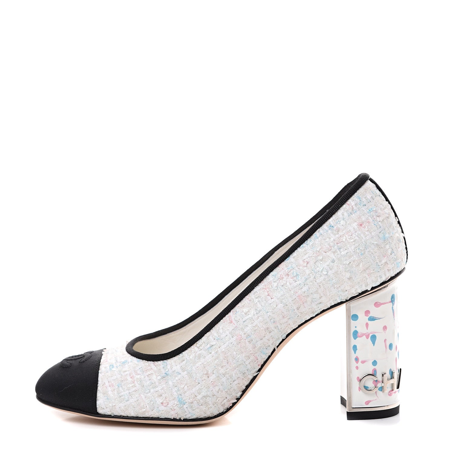 Chanel Tweed Grosgrain Cap Toe Logo Pumps 37.5 Black White Blue Pink 1 of 11