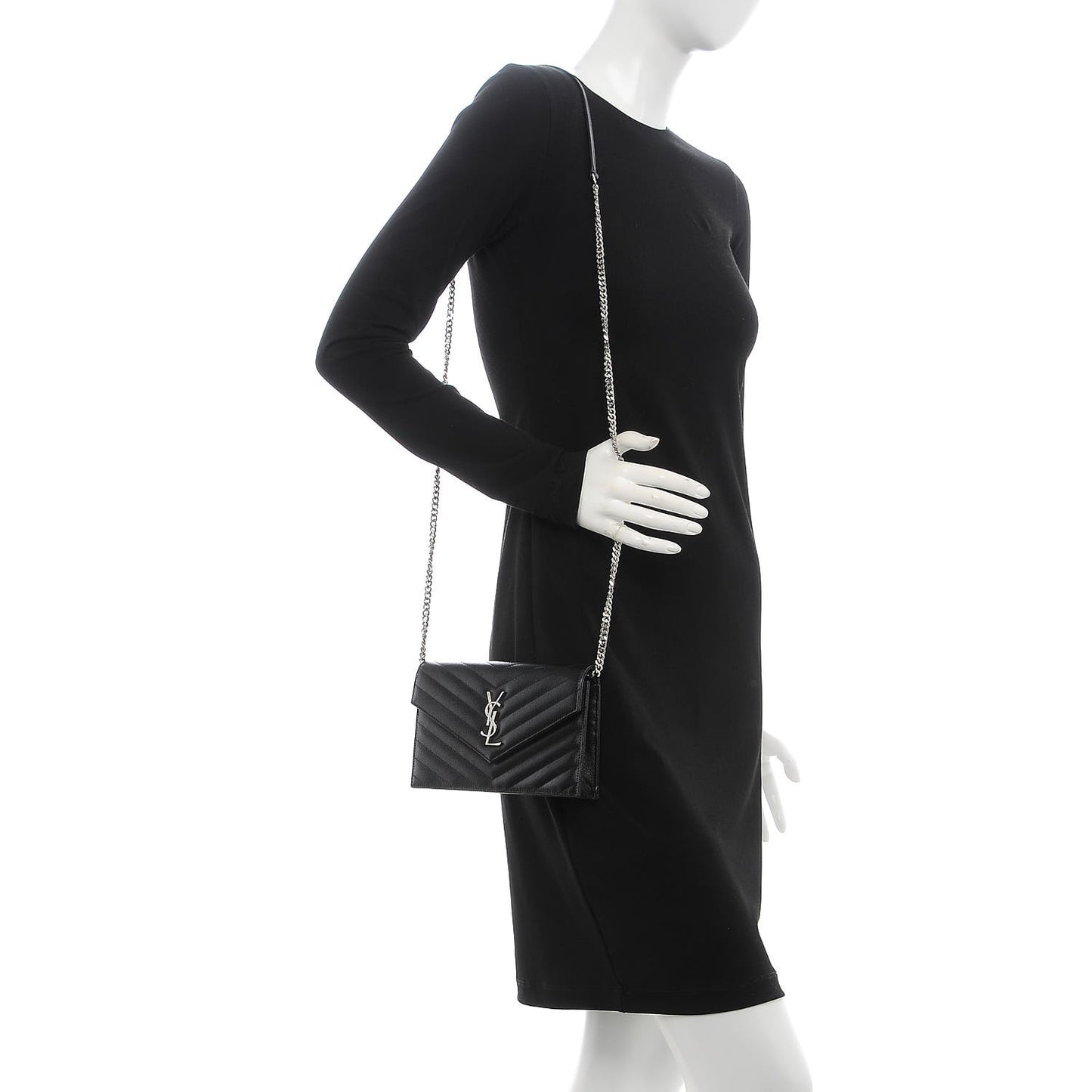 Grain De Poudre Matelasse Chevron Monogram Envelope Chain Wallet Black