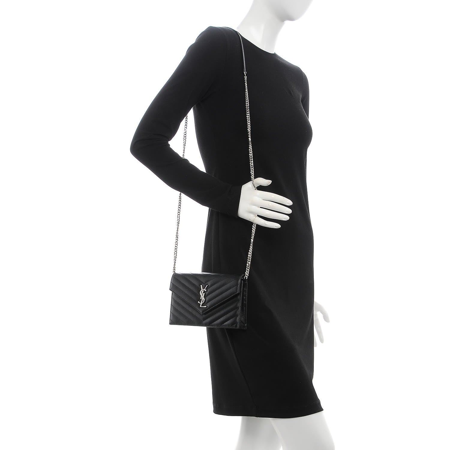 Saint Laurent Grain De Poudre Matelasse Chevron Monogram Envelope Chain Wallet Black 2 of 8