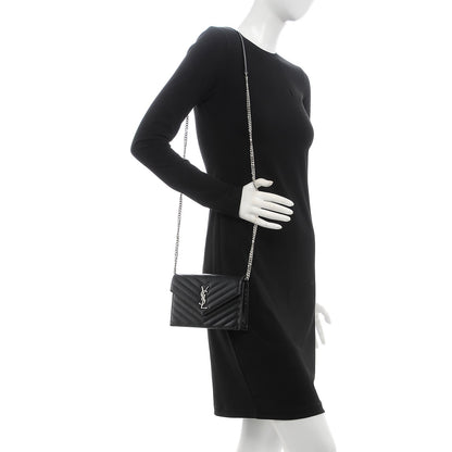 Saint Laurent Grain De Poudre Matelasse Chevron Monogram Envelope Chain Wallet Black 2 of 8