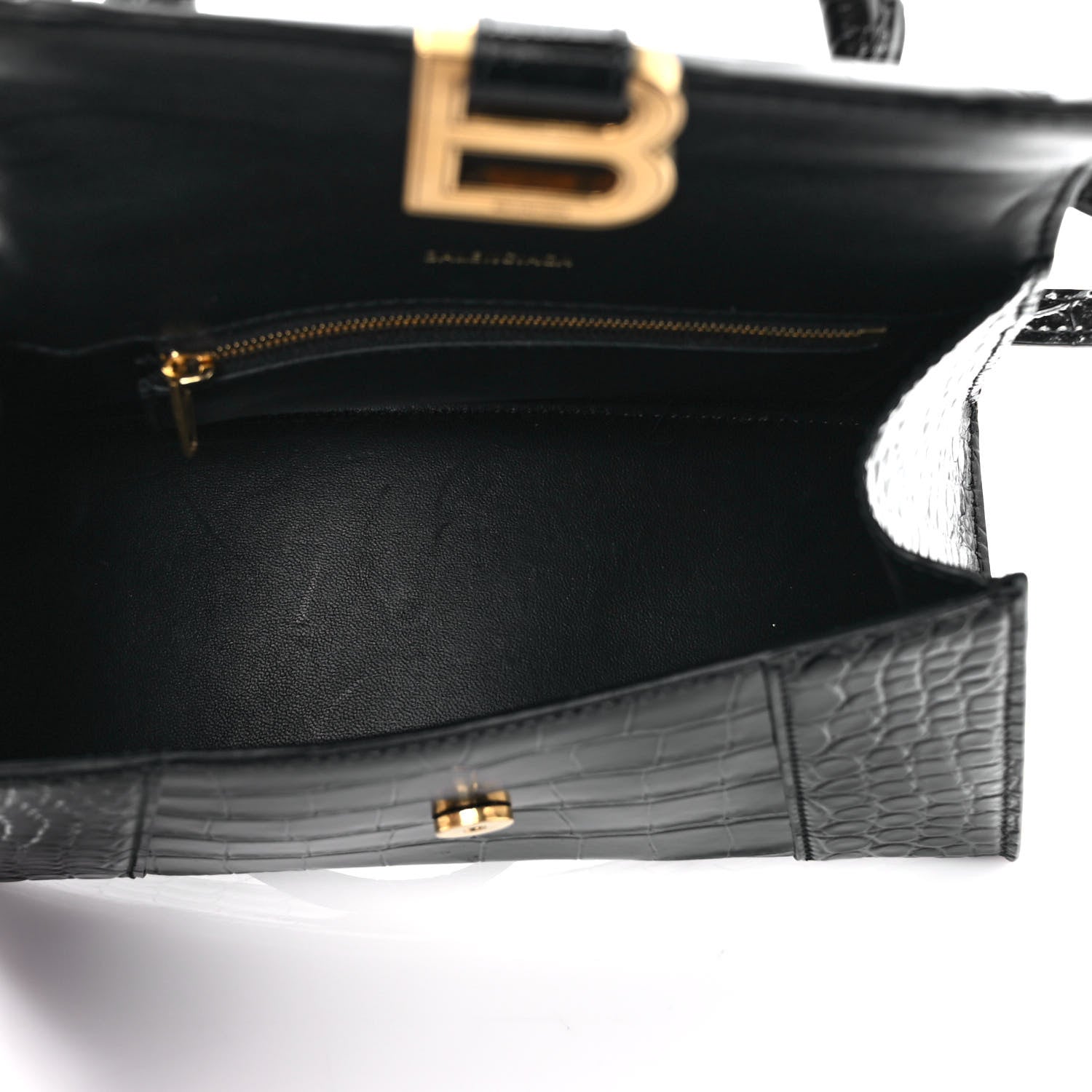 Balenciaga Shiny Calfskin Crocodile Embossed Small Hourglass Top Handle Bag Black 4 of 9