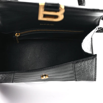 Balenciaga Shiny Calfskin Crocodile Embossed Small Hourglass Top Handle Bag Black 4 of 9