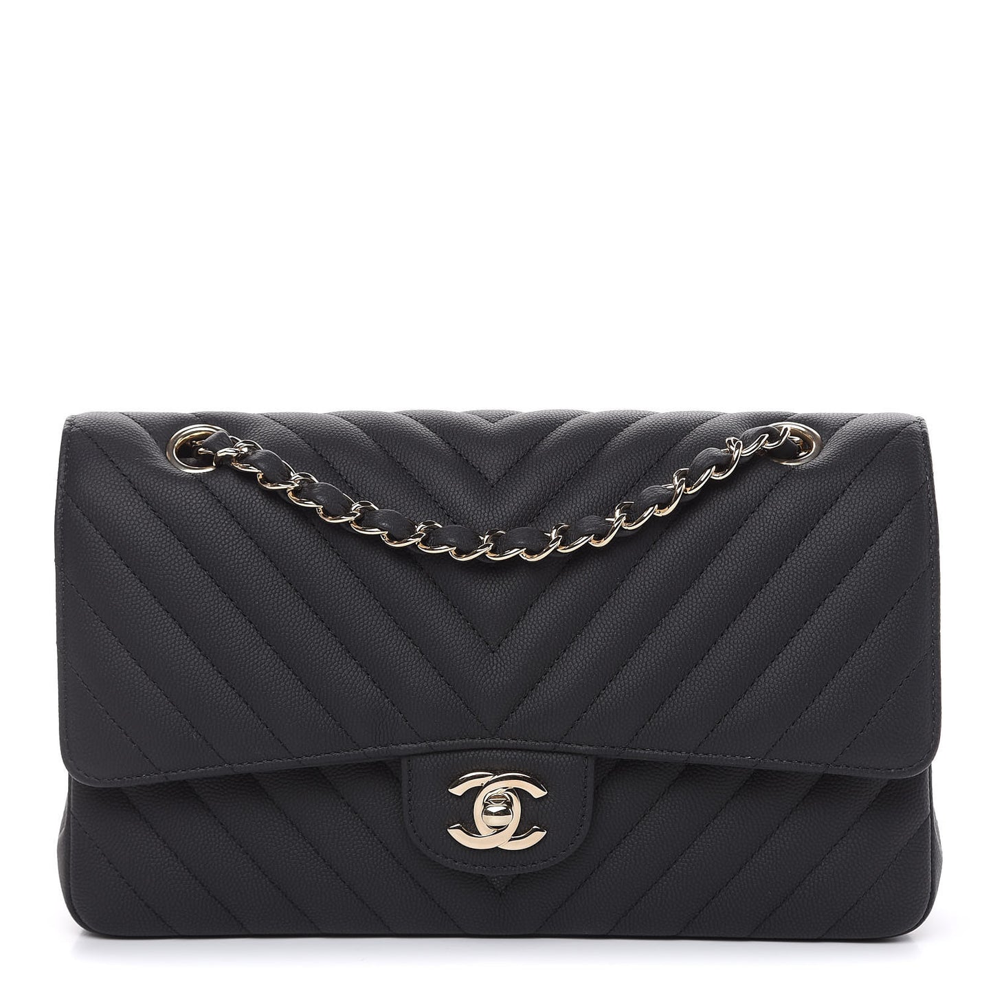 Caviar Chevron Quilted Medium Double Flap Black