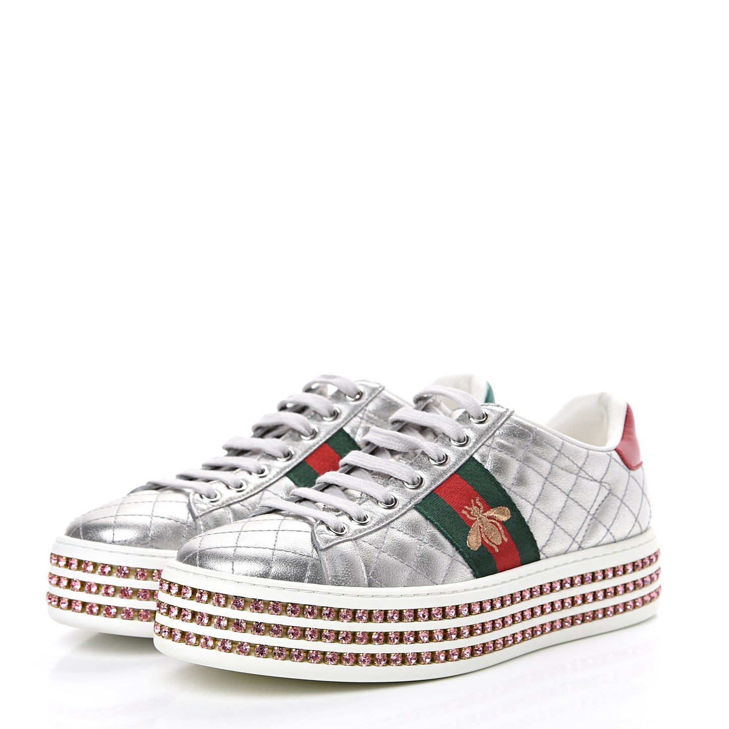 Laminated Nappa Crystal Web Bee Embroidered Trapuntata Womens Ace Platform Sneakers 36.5 Argento