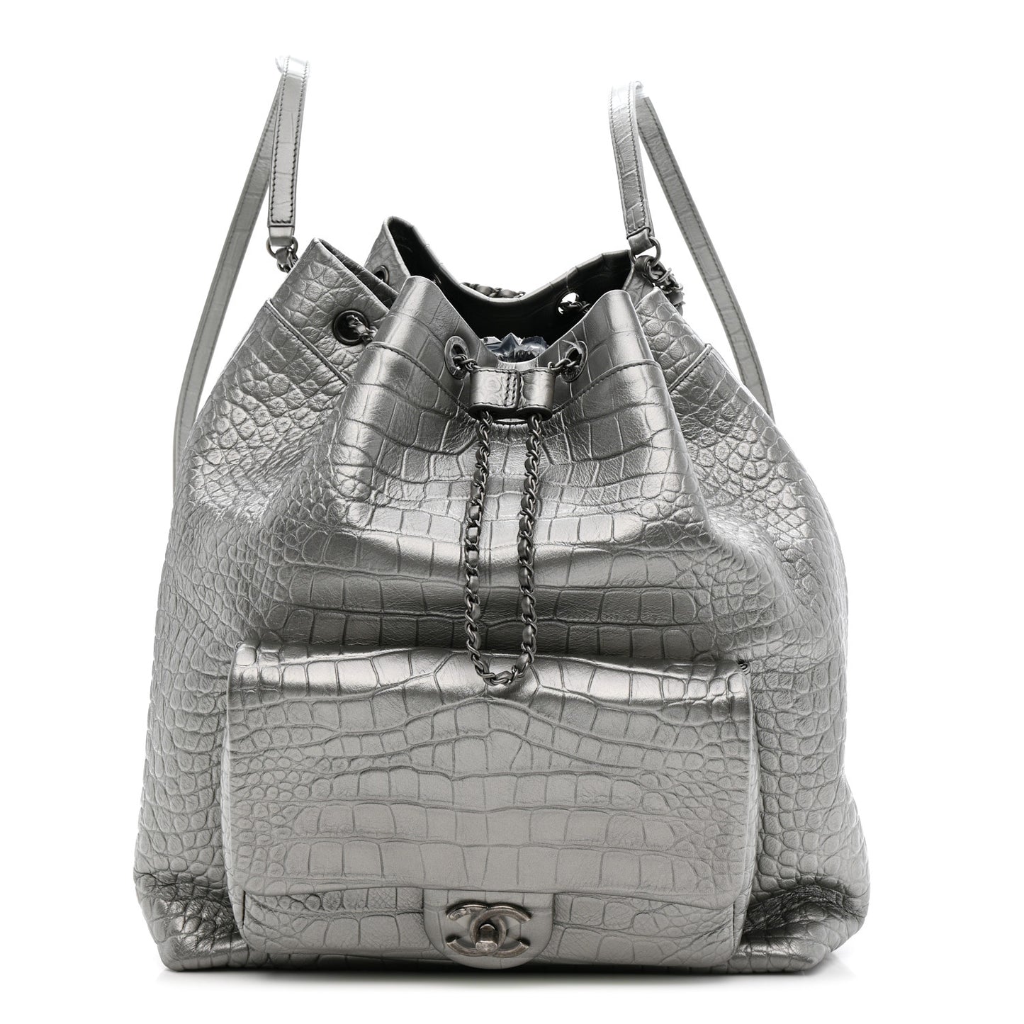 Metallic Calfskin Crocodile Embossed Large Backpack Silver