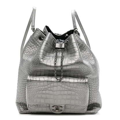 Chanel Metallic Calfskin Crocodile Embossed Large Backpack Silver 1 of 10