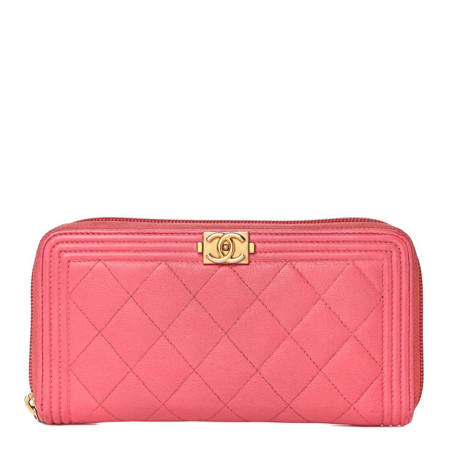 Caviar Quilted Large Boy Zip Around Wallet Coral