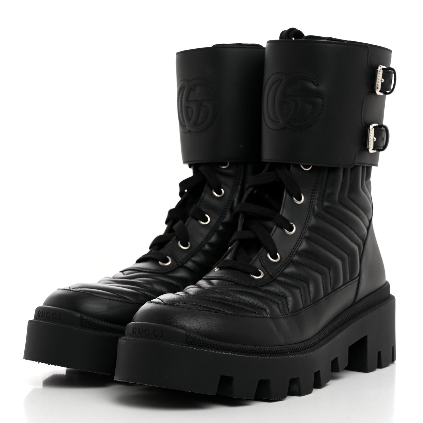 Nappa Frances GG Matelasse Platform Combat Boots 38 Black