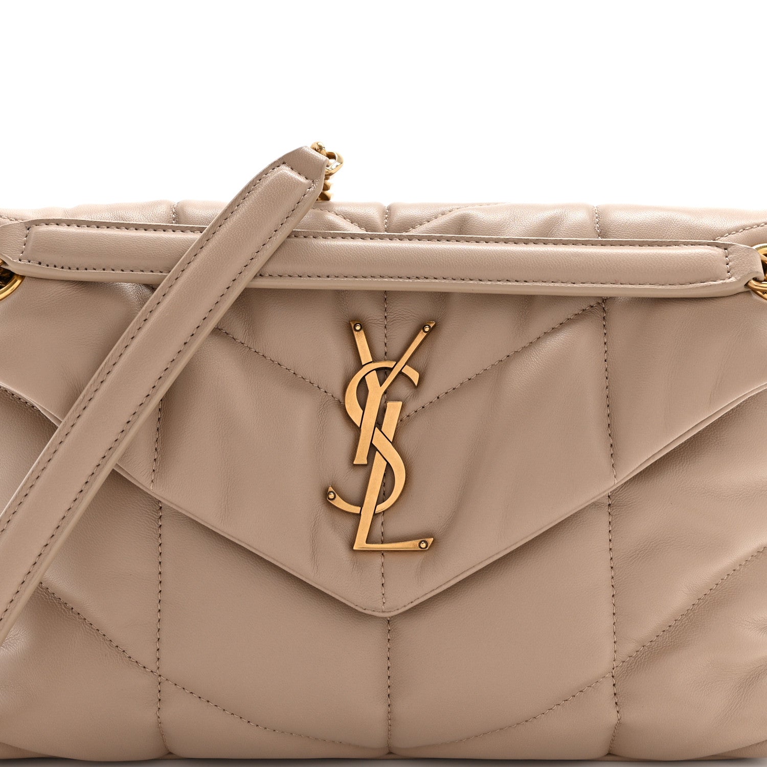 Saint Laurent Lambskin Quilted Small Loulou Puffer Monogram Chain Satchel Dark Beige 8 of 11