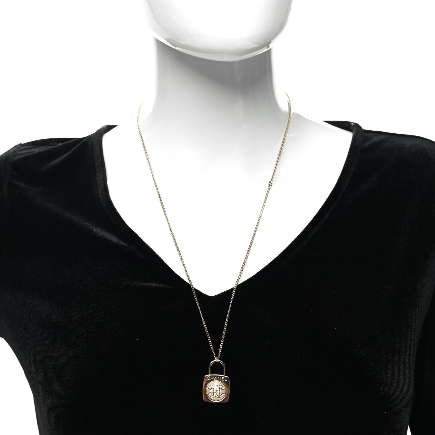 Crystal Pearl Lock CC Necklace Gold