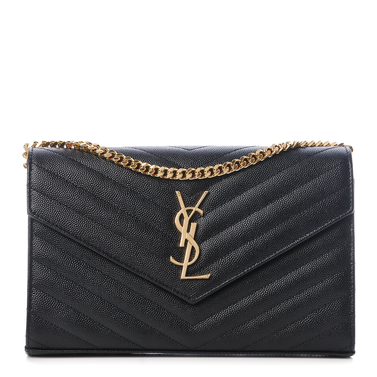 Saint Laurent Grain De Poudre Matelasse Chevron Monogram Chain Wallet Black 1 of 6