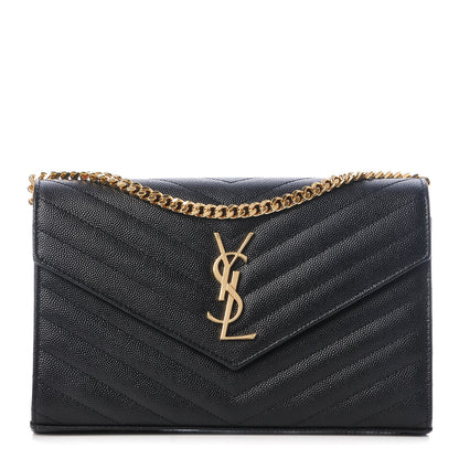 Saint Laurent Grain De Poudre Matelasse Chevron Monogram Chain Wallet Black 1 of 6