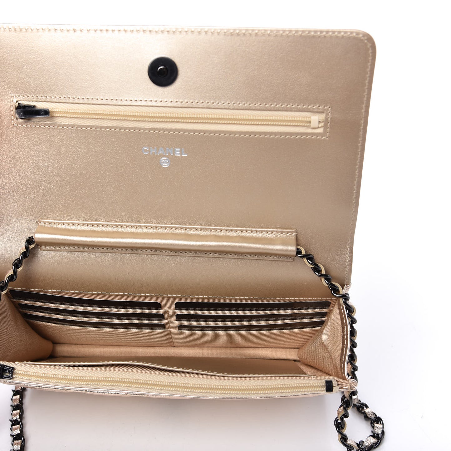 Metallic Lambskin Quilted Wallet On Chain WOC Gold Black