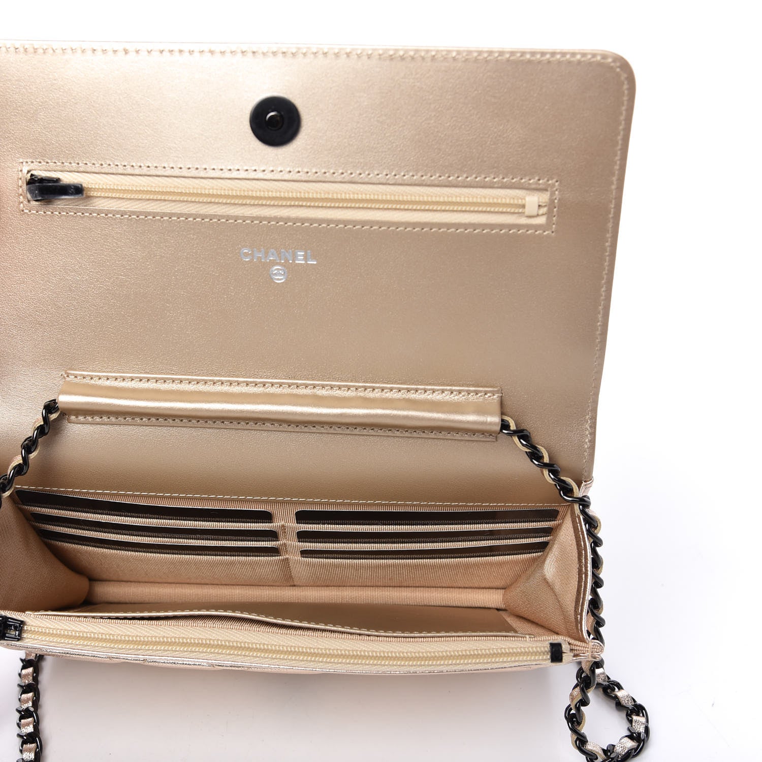 Chanel Metallic Lambskin Quilted Wallet On Chain WOC Gold Black 5 of 12