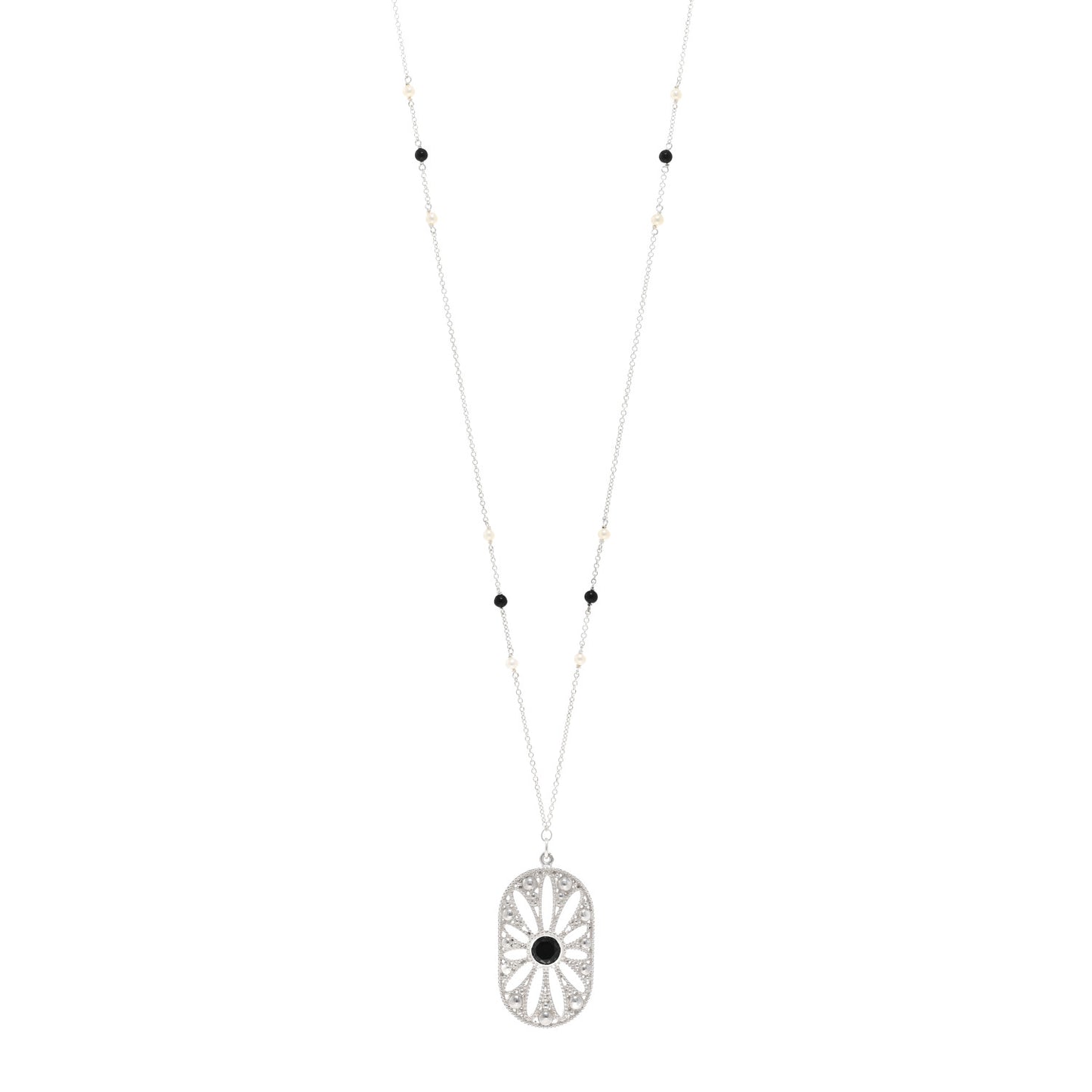Sterling Silver Black Onyx Pearl Ziegfeld Daisy Pendant Necklace