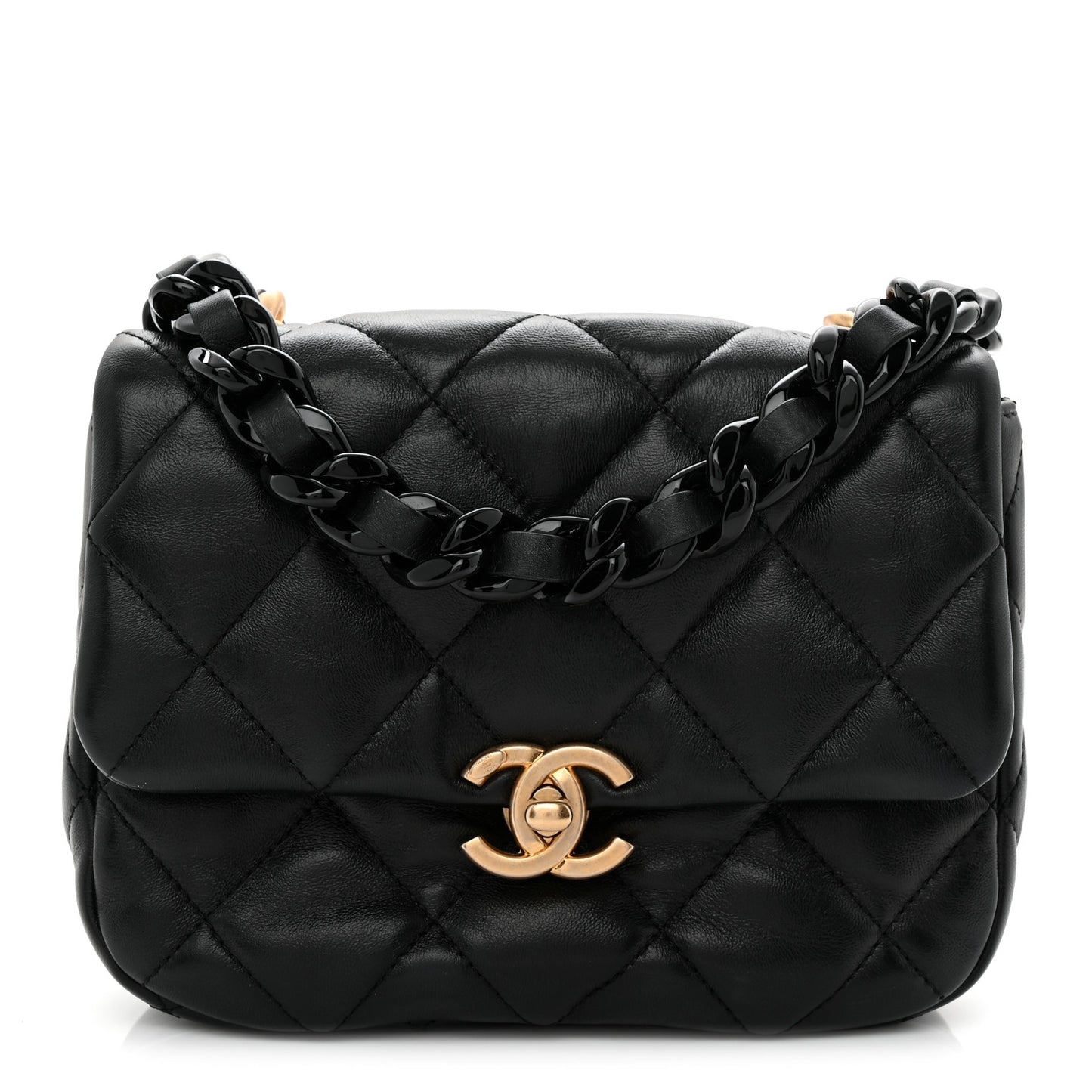 Lambskin Quilted Mini Lacquered Chain Flap Black
