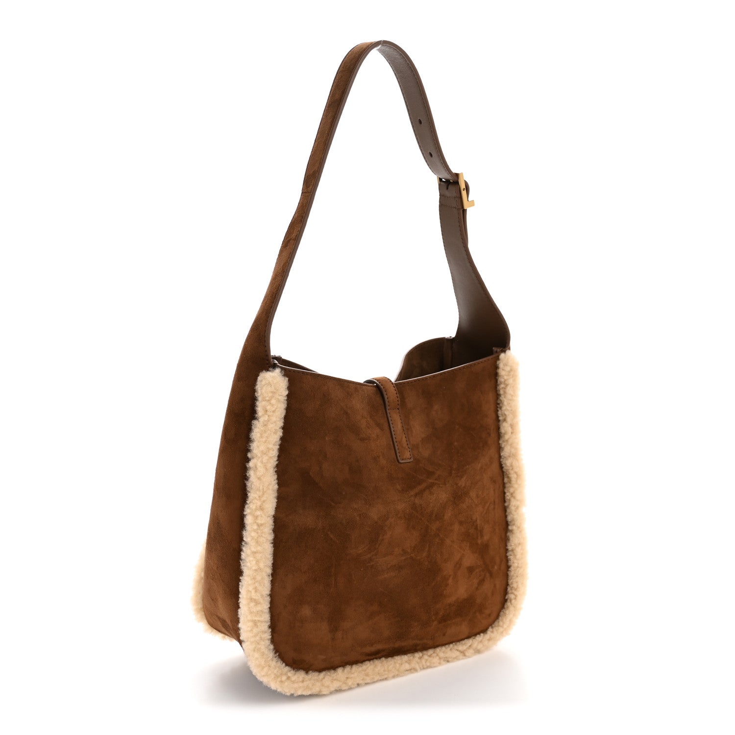 Saint Laurent Suede Shearling Small Le 5 A 7 Soft Hobo  Dark Sigaro Natural Beige 3 of 11