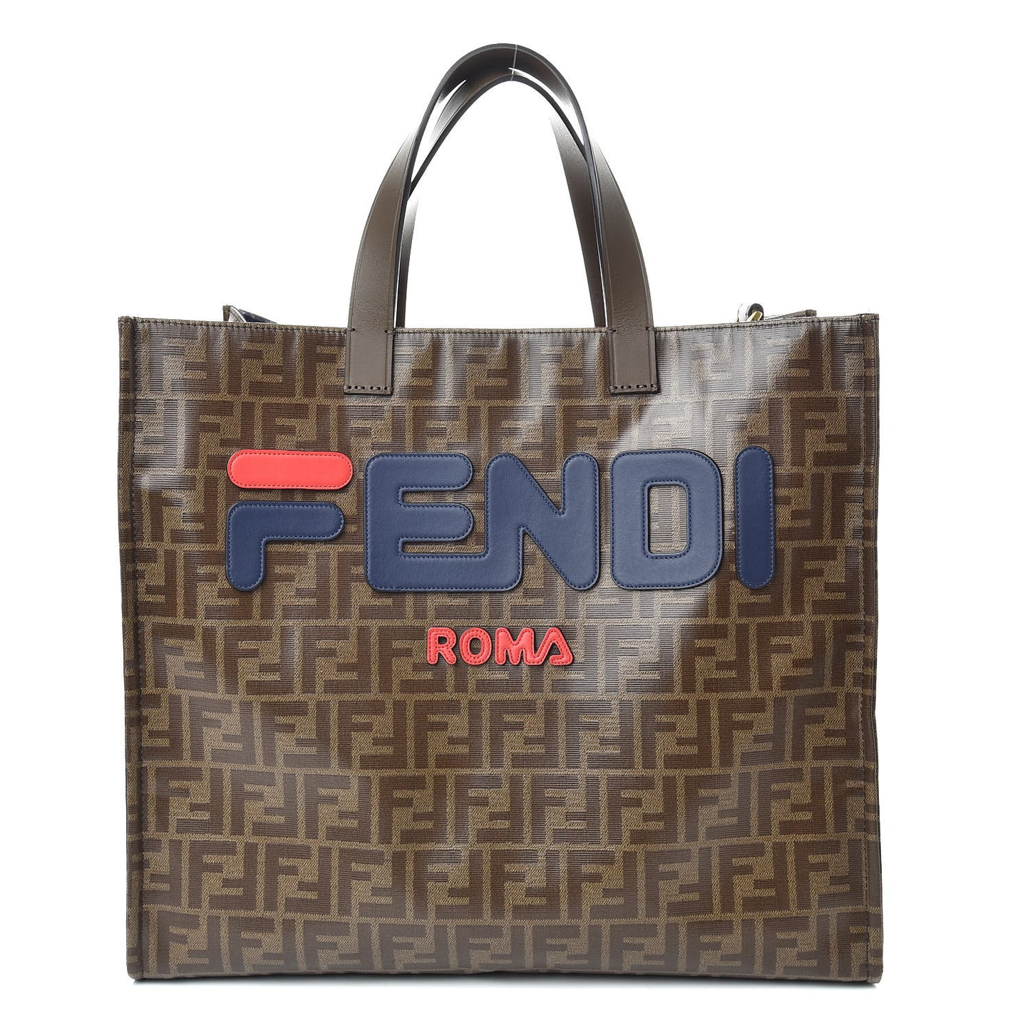 X FILA Glazed Fabric FF 1974 Mania Shopping Tote Bag Mogano Panna Blueberry
