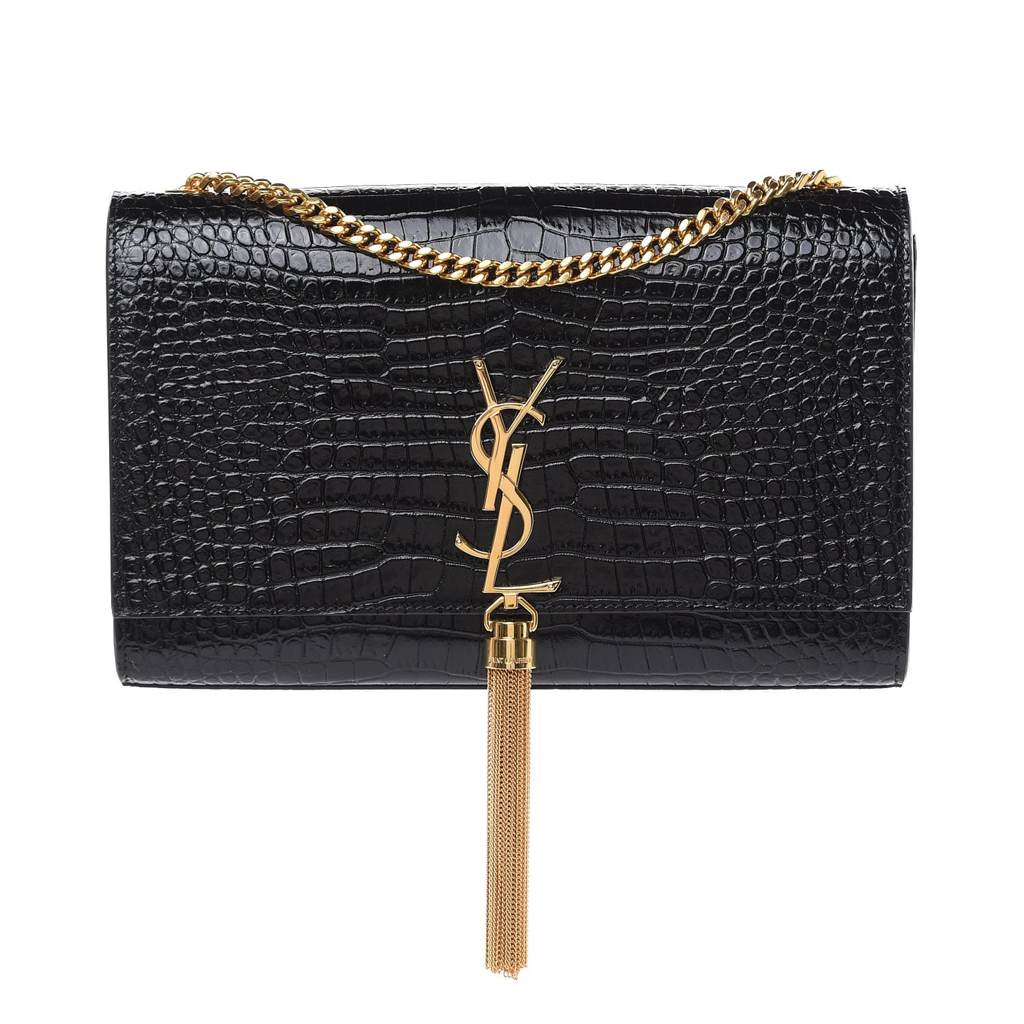 Calfskin Crocodile Embossed Medium Classic Monogram Kate Tassel Satchel Black