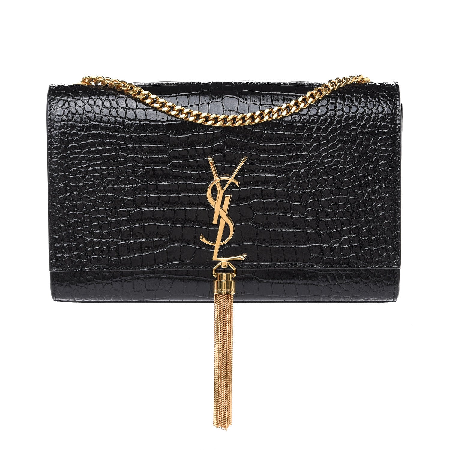 Saint Laurent Calfskin Crocodile Embossed Medium Classic Monogram Kate Tassel Satchel Black 1 of 10