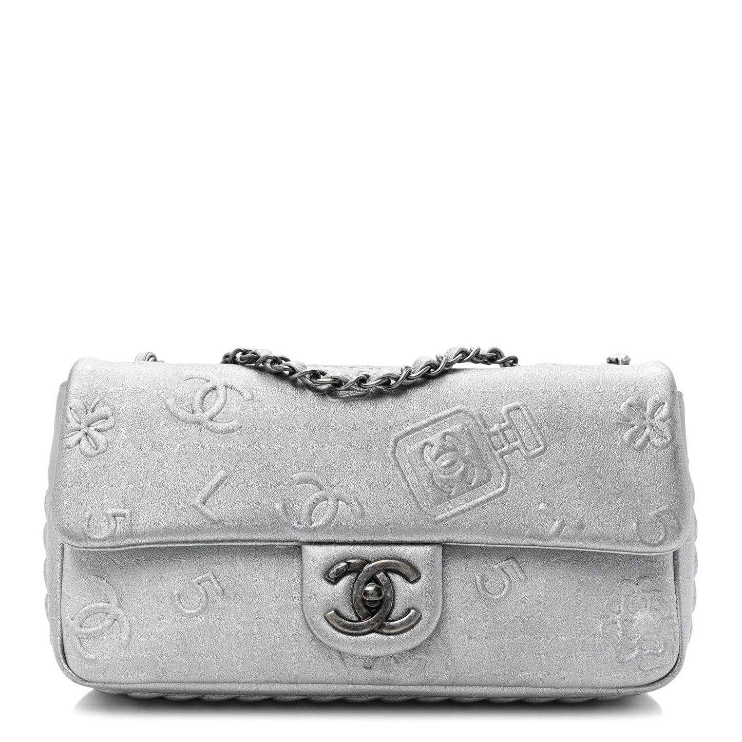 Metallic Lambskin Symbols Medium Single Flap Silver