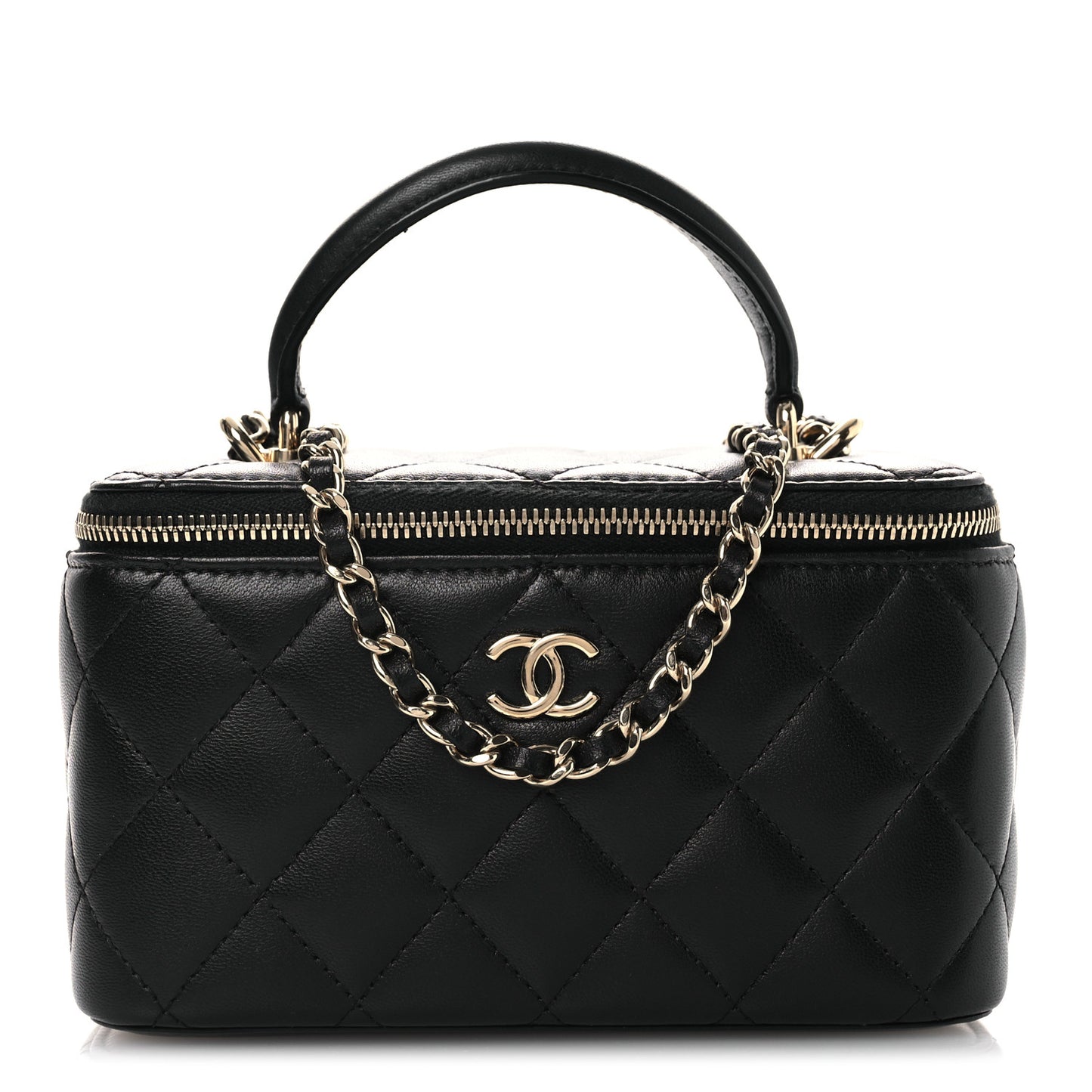 Lambskin Quilted Small Top Handle Vanity Case With Chain Black