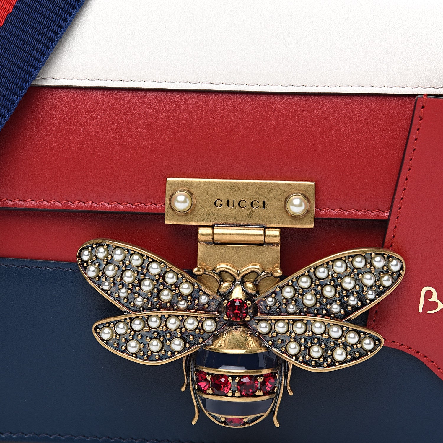 Gucci Calfskin Sylvie Web Queen Margaret Shoulder Bag Blue Agata Hibiscus Red Mystic White 7 of 9
