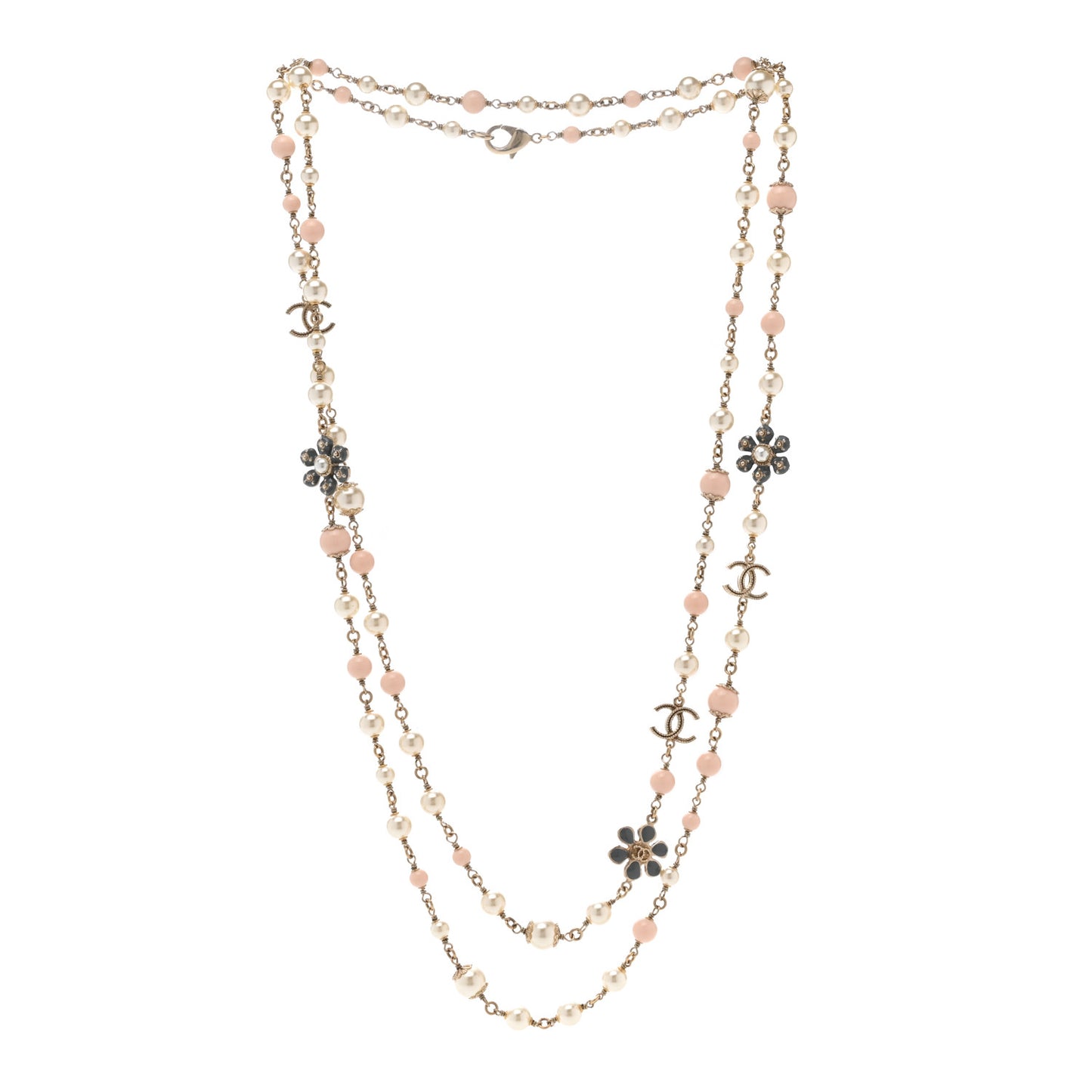 Enamel Pearl Beaded Camellia CC Long Necklace Gold Pink