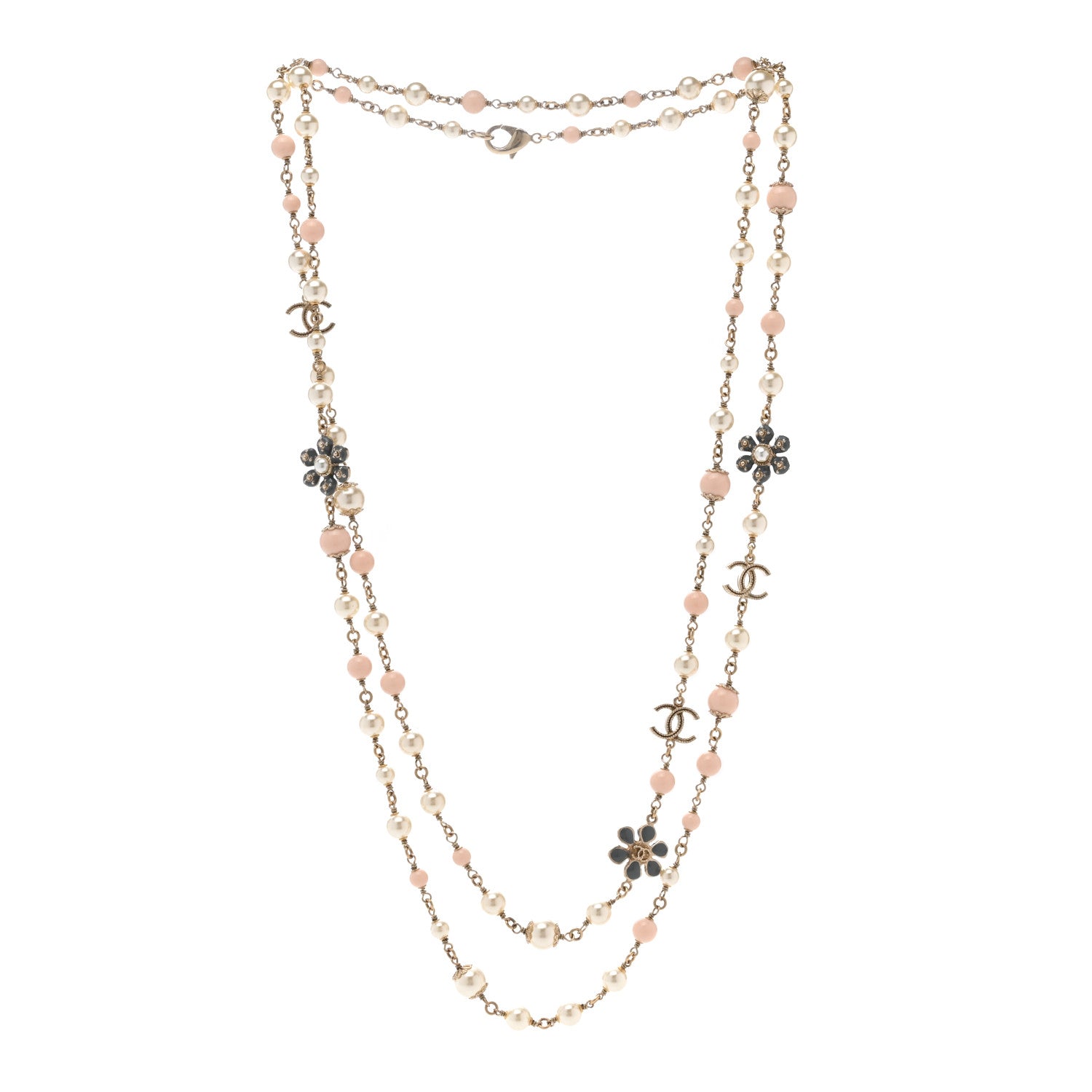 Chanel Enamel Pearl Beaded Camellia CC Long Necklace Gold Pink 3 of 5