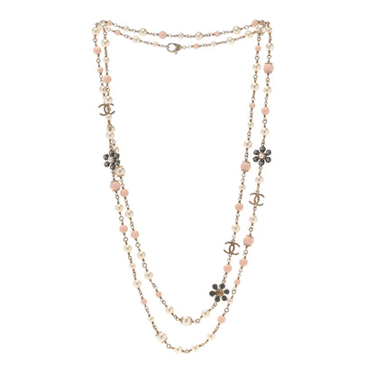 Chanel Enamel Pearl Beaded Camellia CC Long Necklace Gold Pink 3 of 5