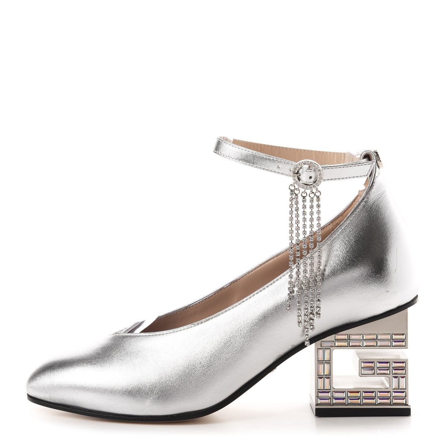 Metallic Nappa Crystal Square G Mid Heel Pumps 36 Silver