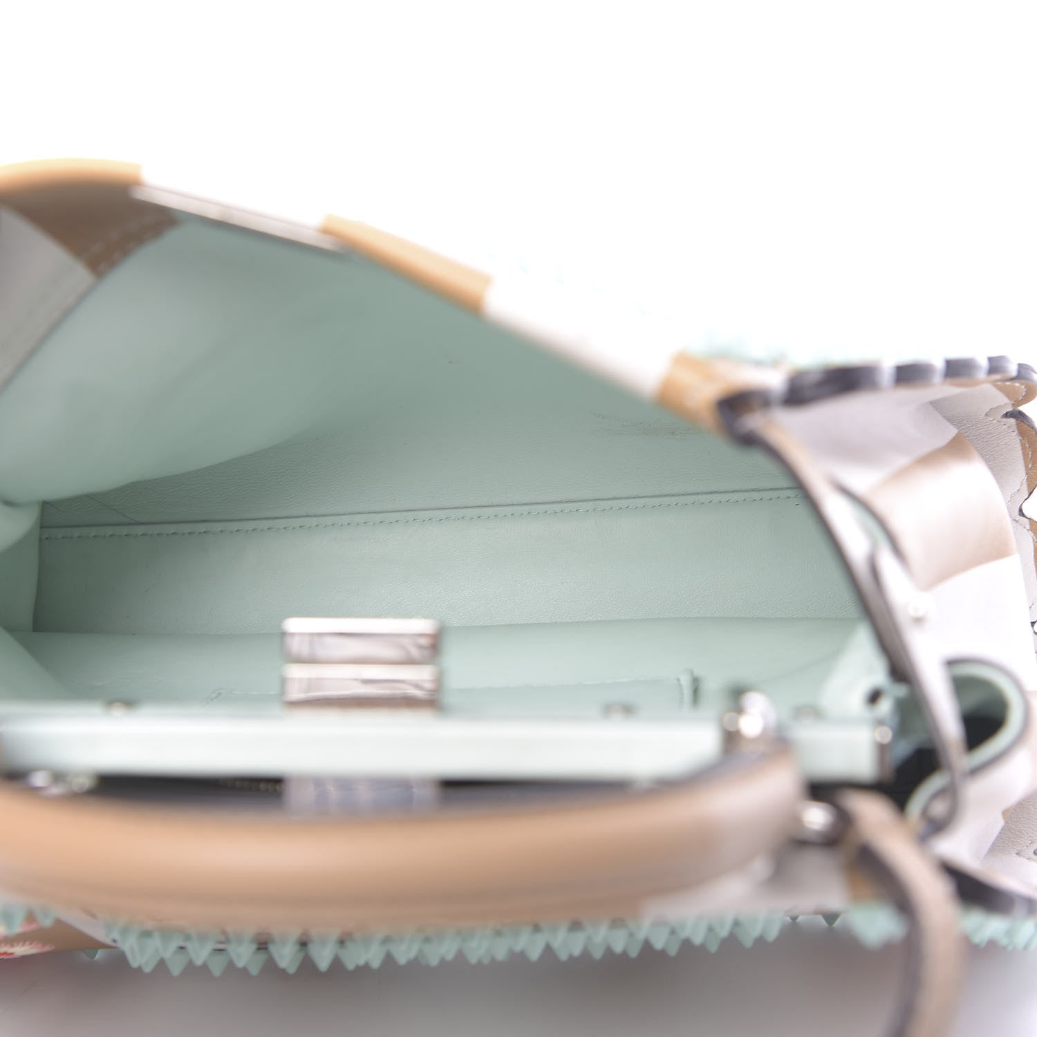 Fendi Vitello Shiny Nappa Pequin Flowers and Bows Scalloped Studded Mini Peekaboo Iconic Satchel Cuoio White Multicolor 5 of 14