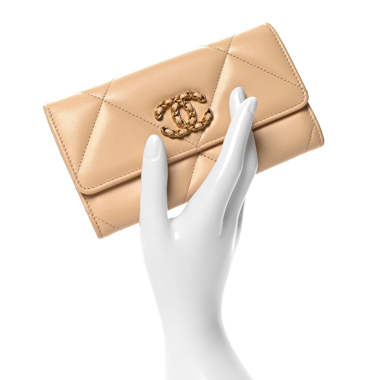 Shiny Goatskin Quilted Chanel 19 Flap Wallet Beige
