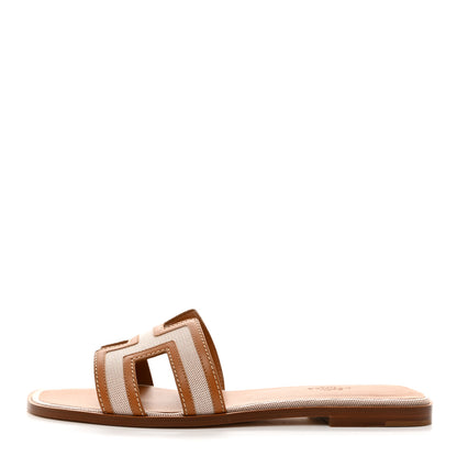 Hermes Calfskin Canvas Oran Sandals 41 Noisette Beige Dore 1 of 9