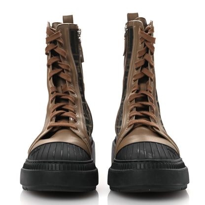Fendi Fabric Jacquard Vitello FF Domino 50mm Biker Boots 38 Tobacco Black Sand 3 of 13